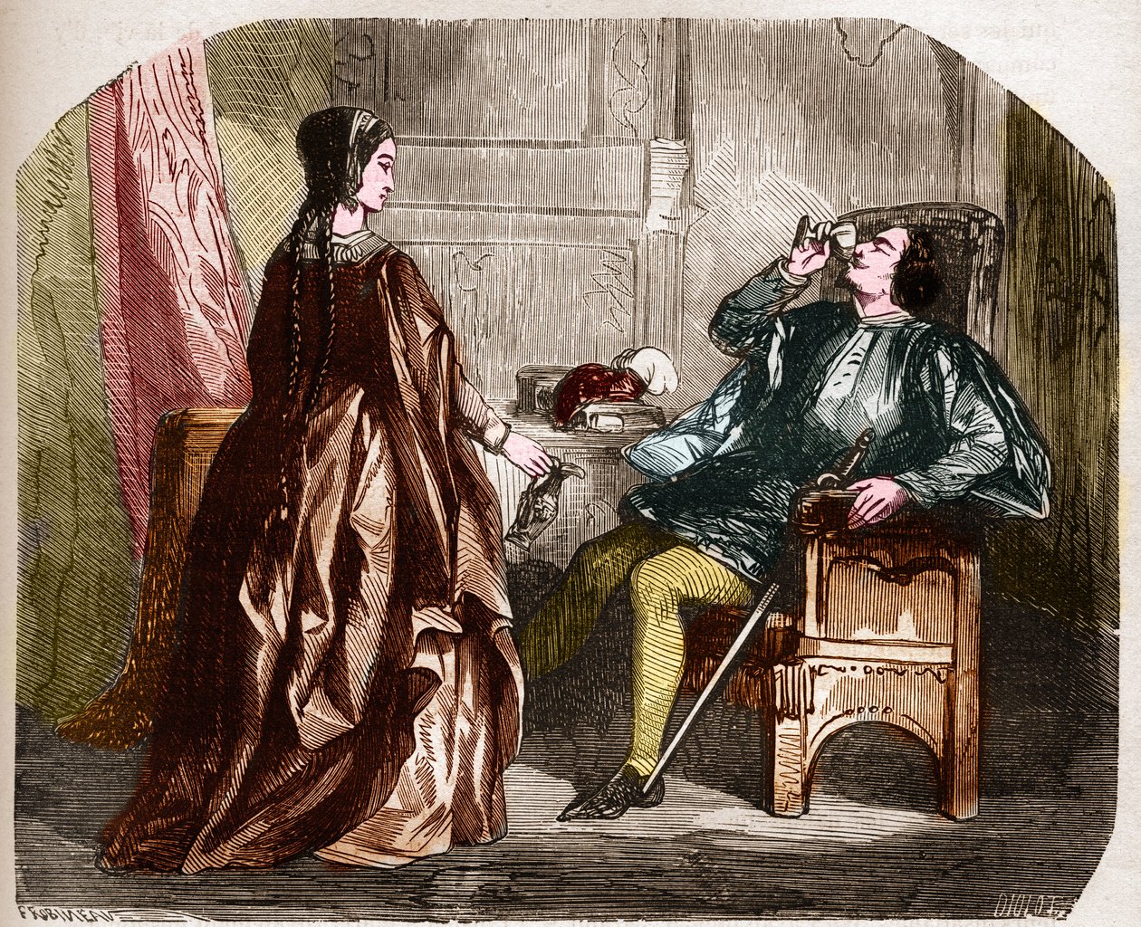 フランス王シャルル6世（シャルル・ザ・グッド・エイム、その後シャルル・ザ・フォルと呼ばれた）（1368-1422）と愛人のオディネット（オデット）・ドゥ・シャンピエール。古代から現代までの世界のあらゆる民族における売春と放蕩の歴史」に掲載されているエングレーヴィング。 作： 無名の画家