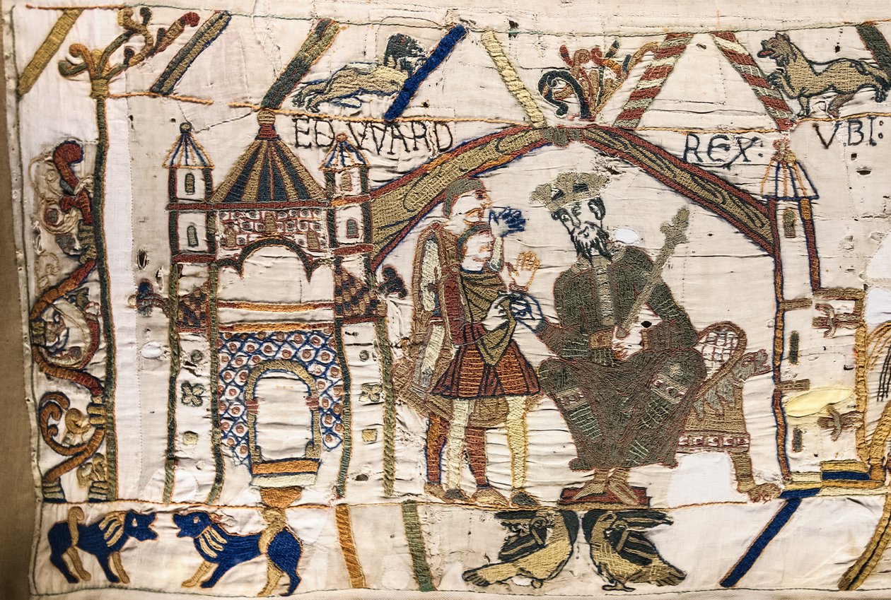 エドワード懺悔王がハロルドをノルマンディーに送る、バイユータペストリー（リネンにウール刺繍 作： 無名の画家