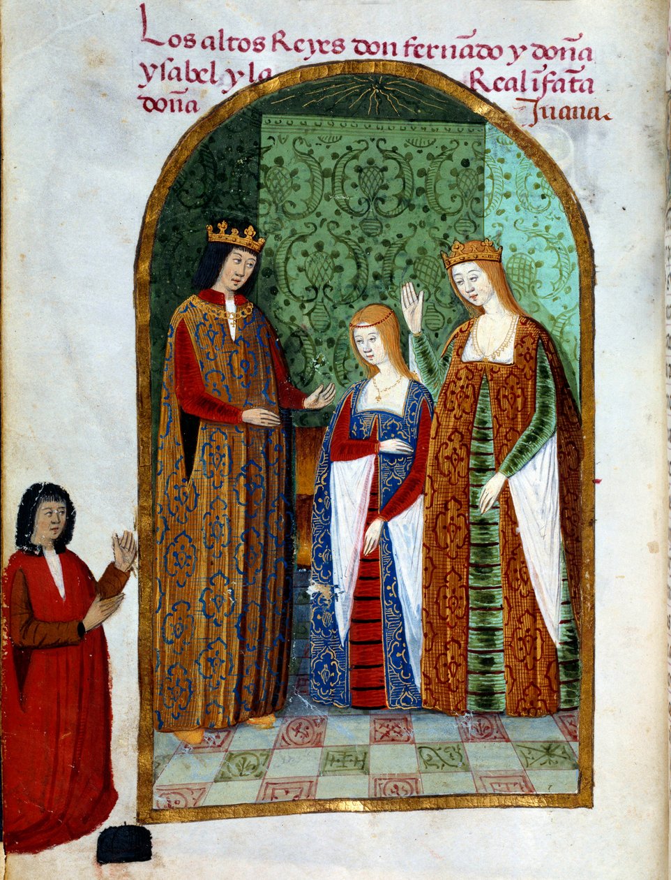 アラゴンとシチリアの王フェルディナンド2世（1452年〜1516年）、カスティーリャの女王ジョアン（1479年〜1555年）、スペインの女王イザベラ1世（カトリックとして知られている）（1451年〜1504年）の3人です。"Devocionario de la Reyna Da Juana a Quien Llamaron la Loca "のミニチュア。 作： 無名の画家