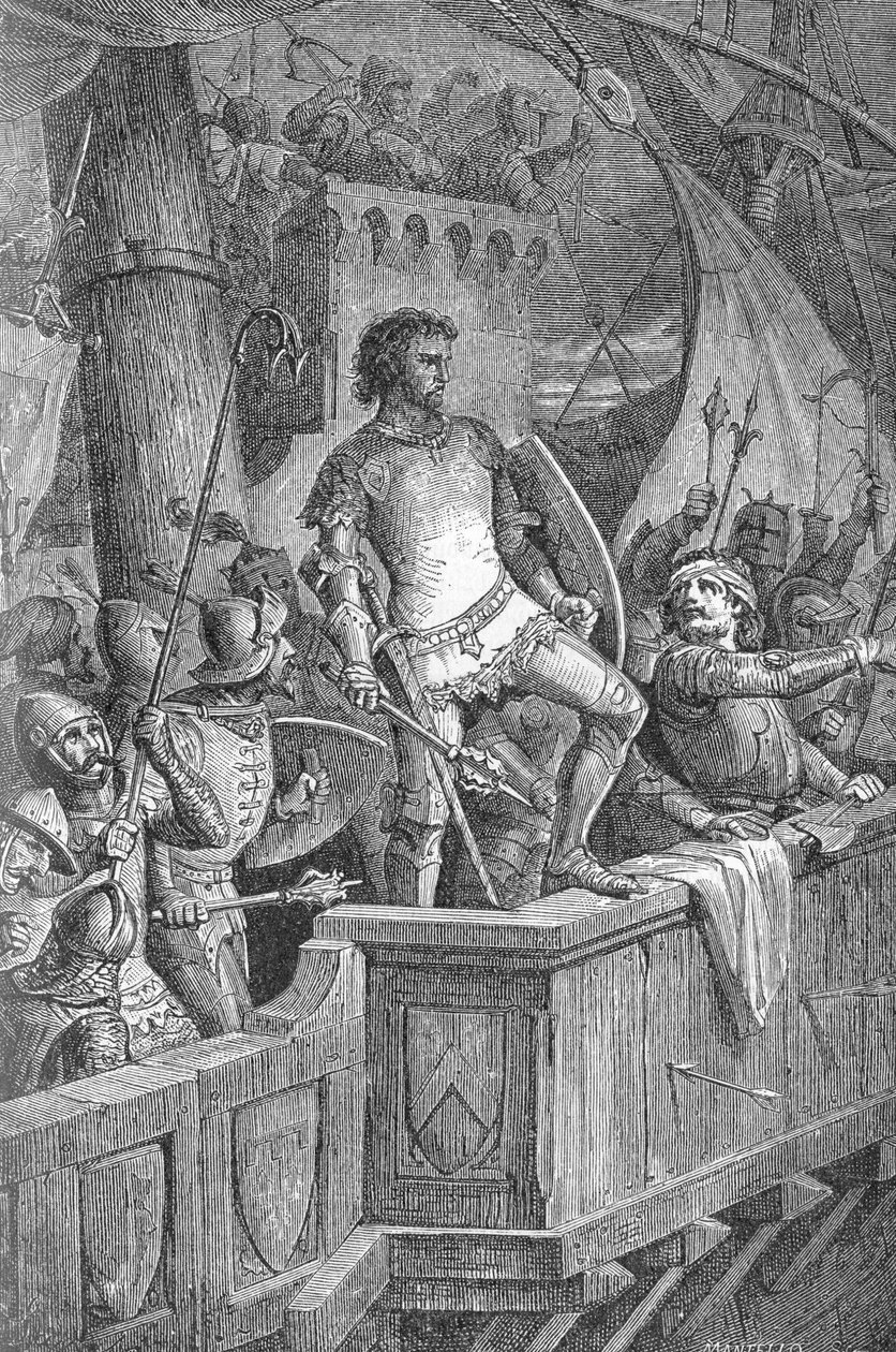 クヌート大帝（カヌート1世）（994年または995年～1035年） - ノルウェーのオラフ2世（Olaf II of Norway）の攻撃を受けたロンドン橋上のクヌート大帝の部下たち - リチャード・ロスの「Kaiser, Konig une Papst」に掲載されたエングレーヴィング 作： 無名の画家