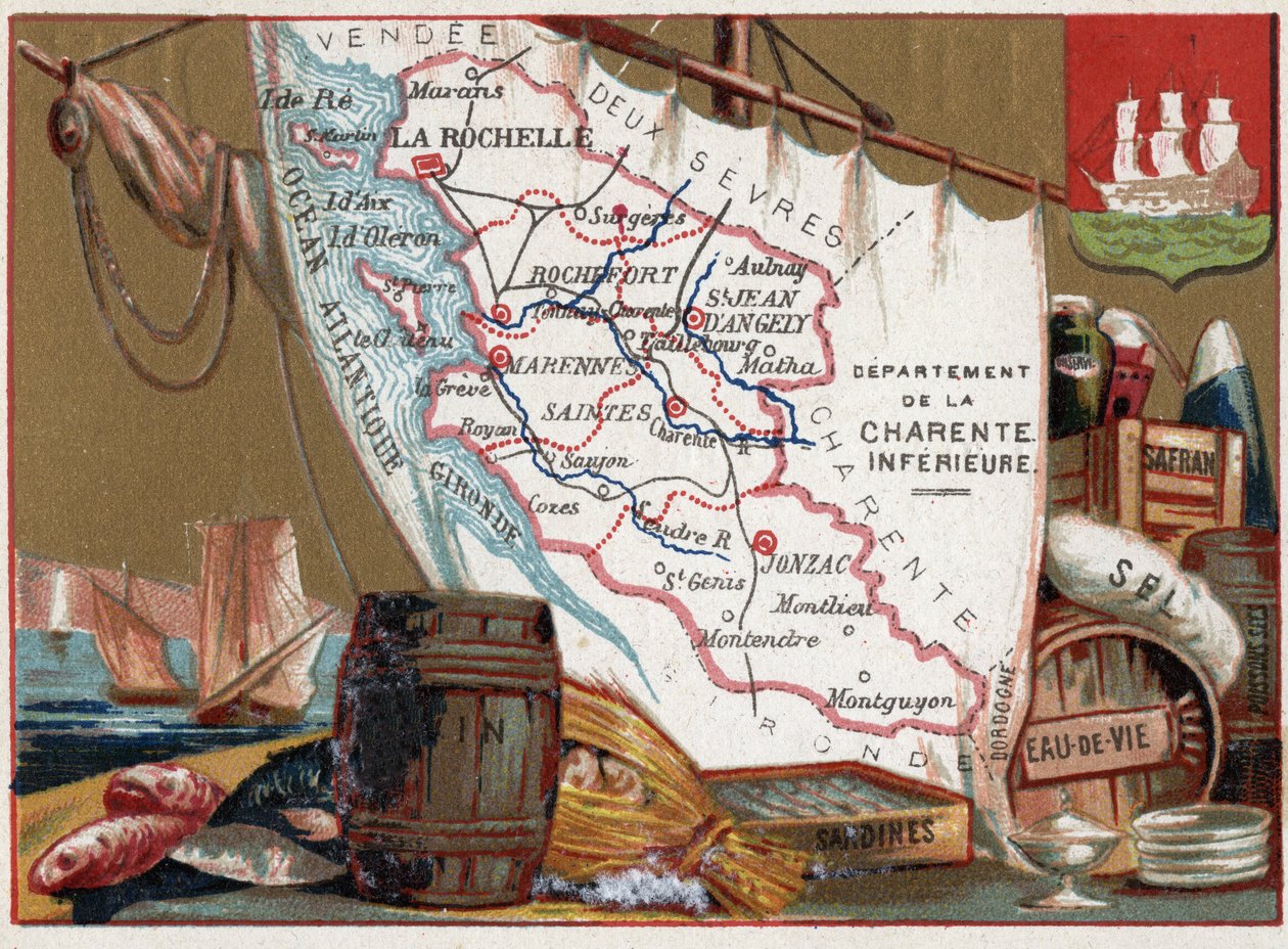 フランス、ポワトゥー・シャラント、ラ・シャラント・インフェリユール。ワイン、ブランデー、イワシ、塩、サフラン、干物、1920年頃 作： 無名の画家