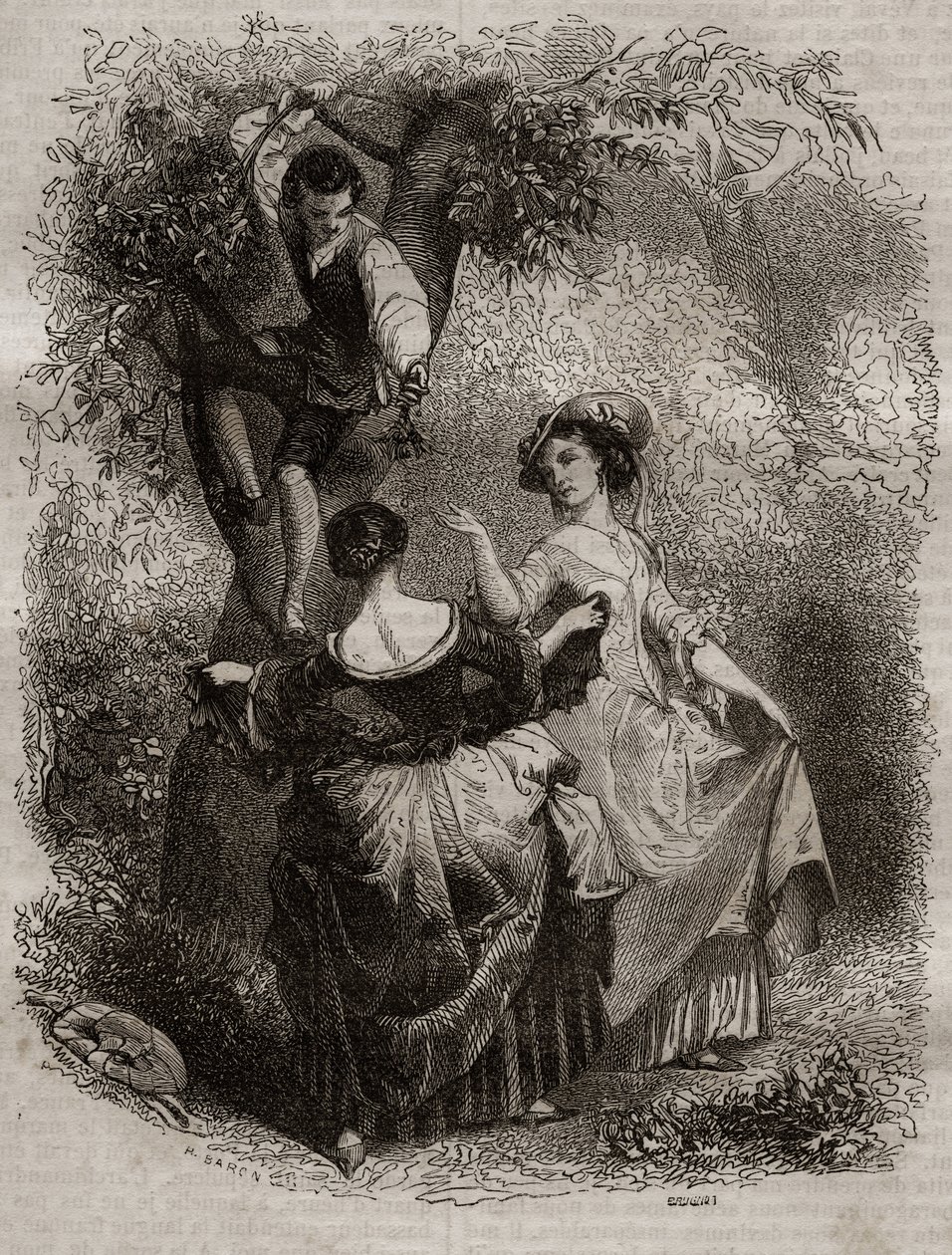 La cueillette des cherries - Jean-Jacques (Jean Jacques) Rousseau (1712-1778)の「告白の挿絵」-1849年の彫刻版 作： 無名の画家