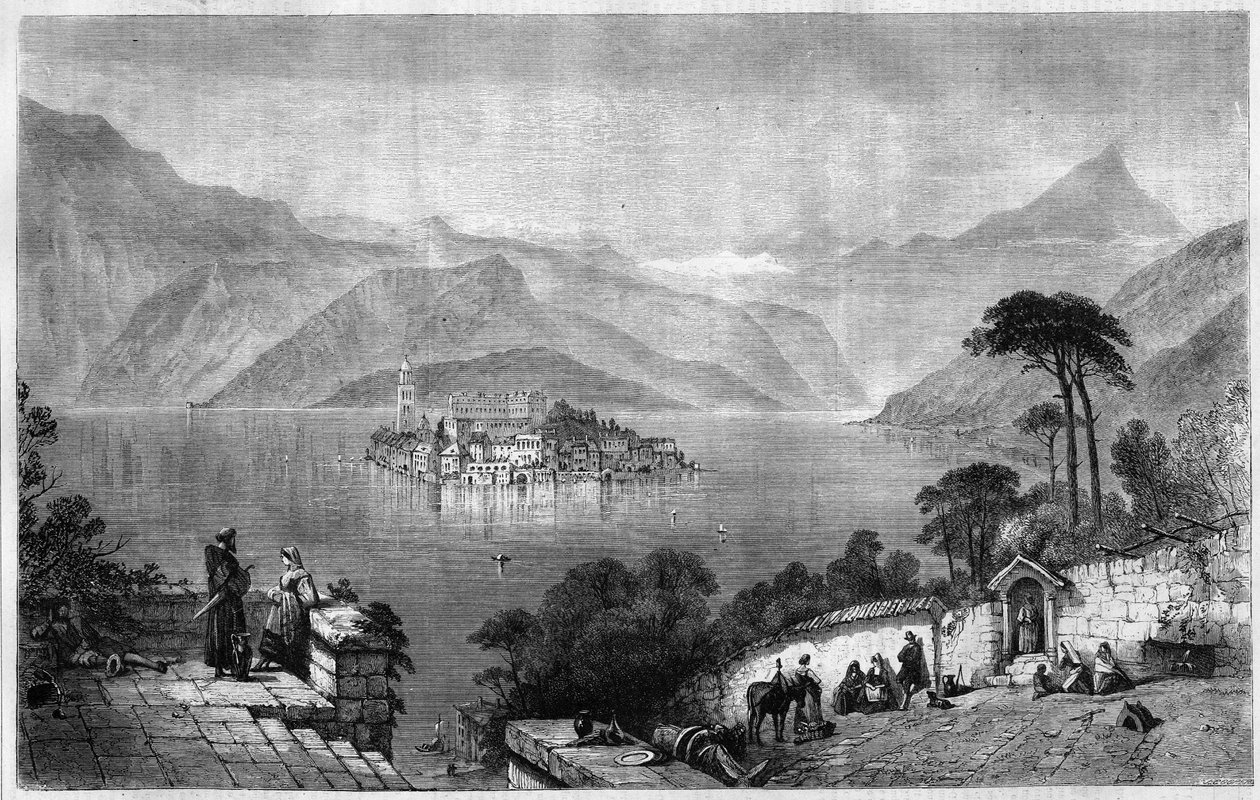 オルタ湖（クーシオ湖）（イタリア・ノバラ県のサン・ジューリオ（サン・ジュール）島の中央にある。1865年のエングレーヴィング。 作： 無名の画家