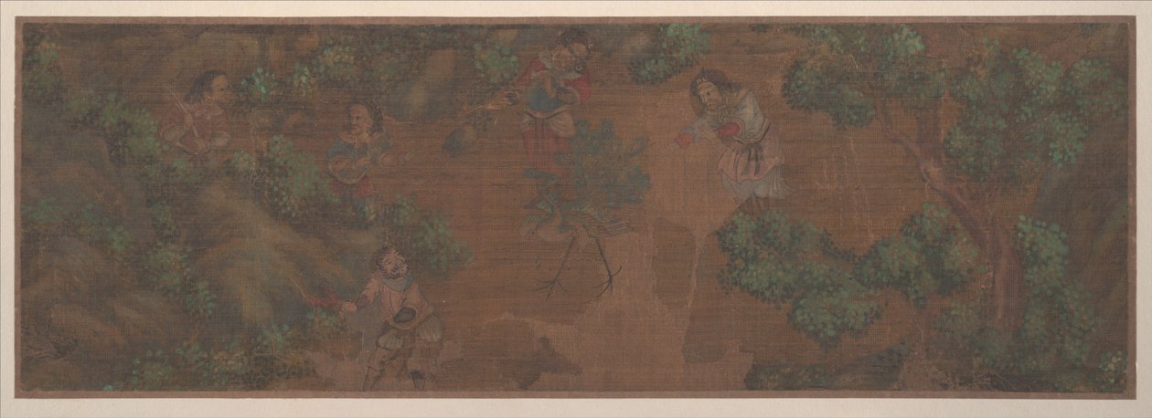 森の中の人物の風景画（アルバムリーフ、絹本、彩色） 作： 無名の画家