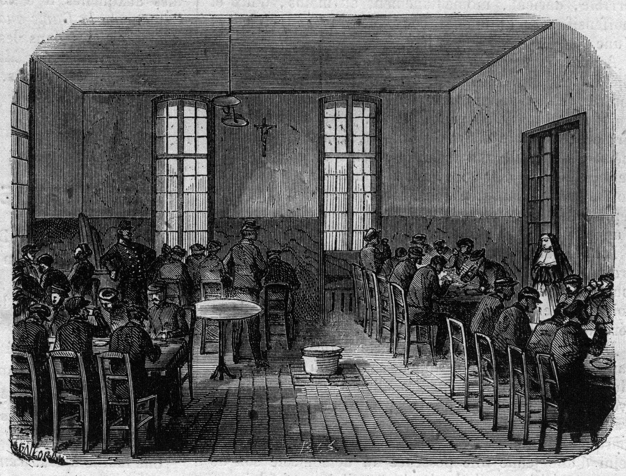 パリの亡命者サント・アンヌ（Sainte-Anne）：食堂 - 「Le Journal Illustrée」のエングレービング 作： 無名の画家