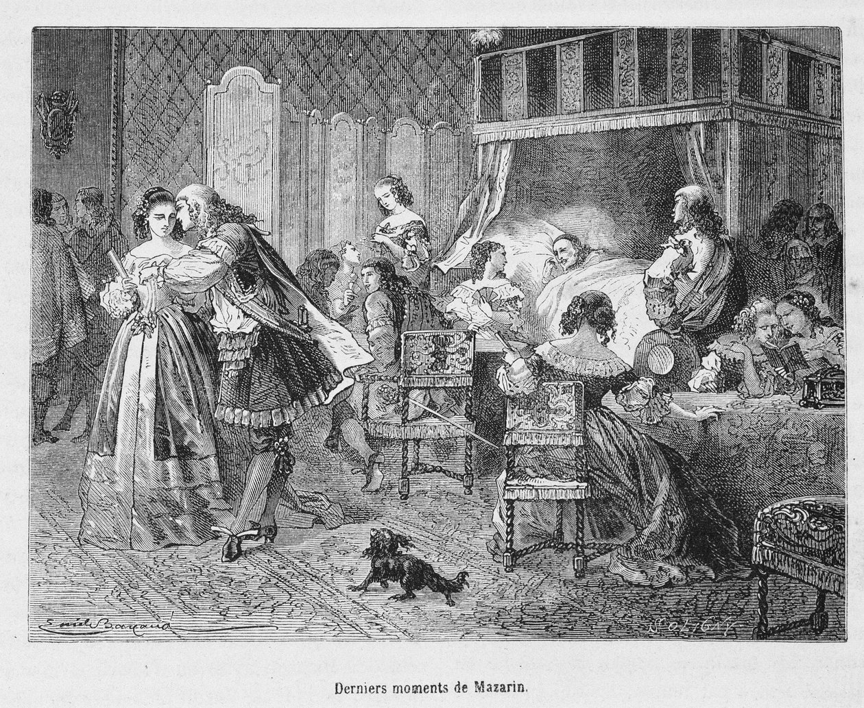 マザラン（1602年〜1661年）の最後の瞬間。アンリ・マルタンの「Histoire de France populaire」に掲載されたイラスト。 作： 無名の画家