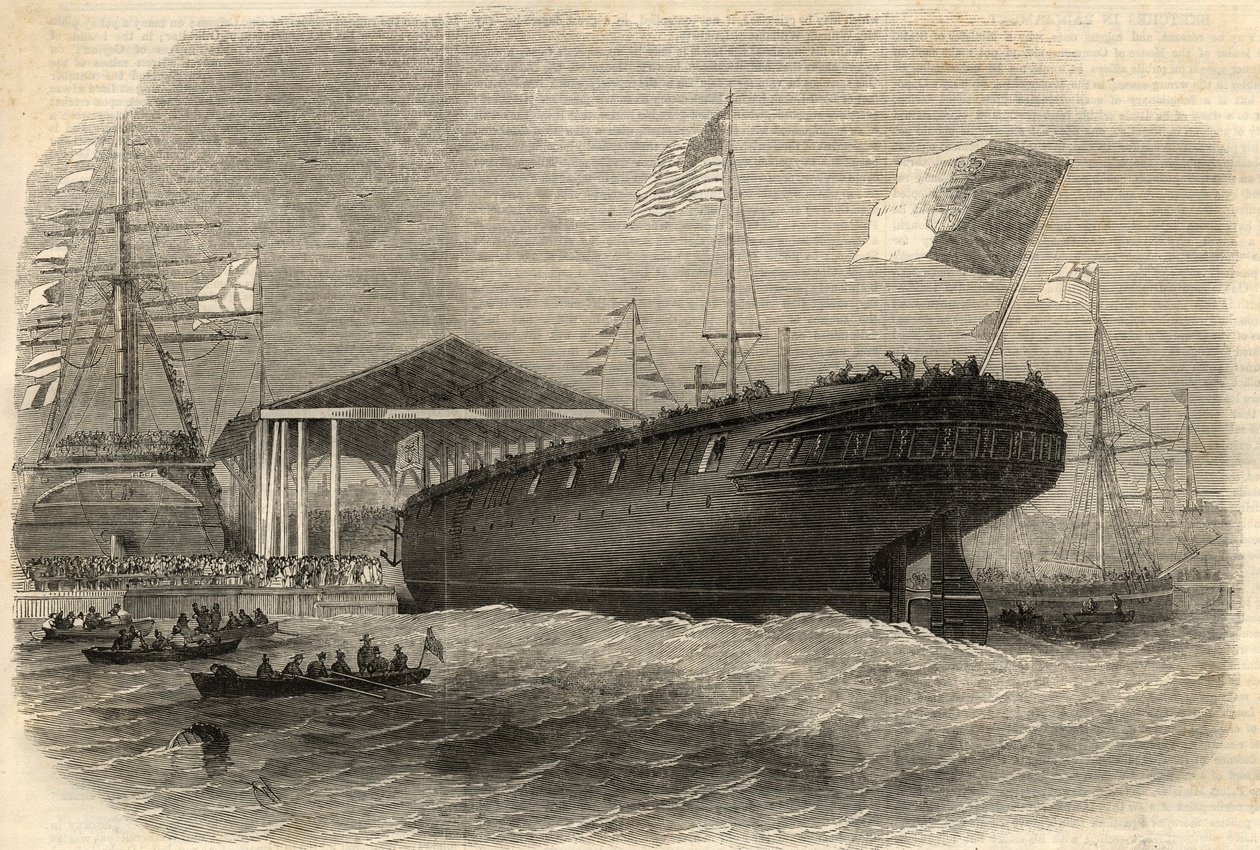 ライムハウス（ロンドン）で行われたポルトガルのコルベット「サグレス」の進水式。6月5日付の「The Illustrated London News」に掲載された図版 作： 無名の画家