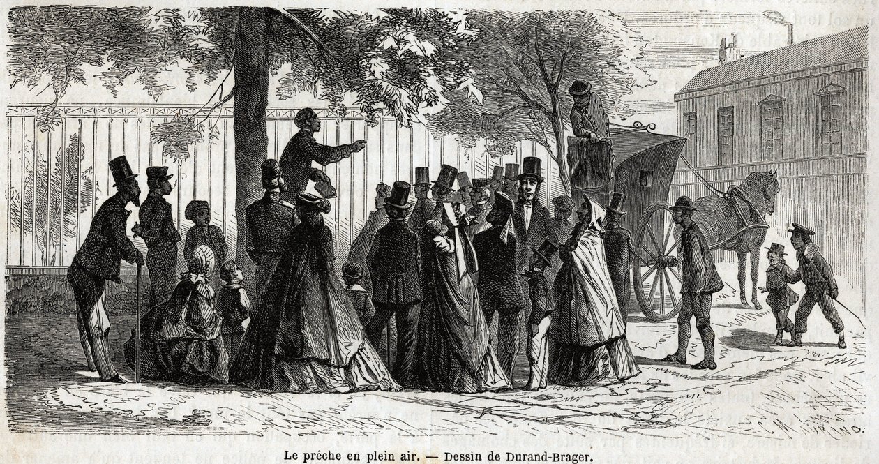 L.Simoninによる1862年の「ロンドンの貧しい地域への小旅行」を説明するためにDurand Bragerが描いた、ロンドンでの「Le preche en plein air」。エドゥアール・シャルトン編『世界一周』に掲載された版画 作： 無名の画家