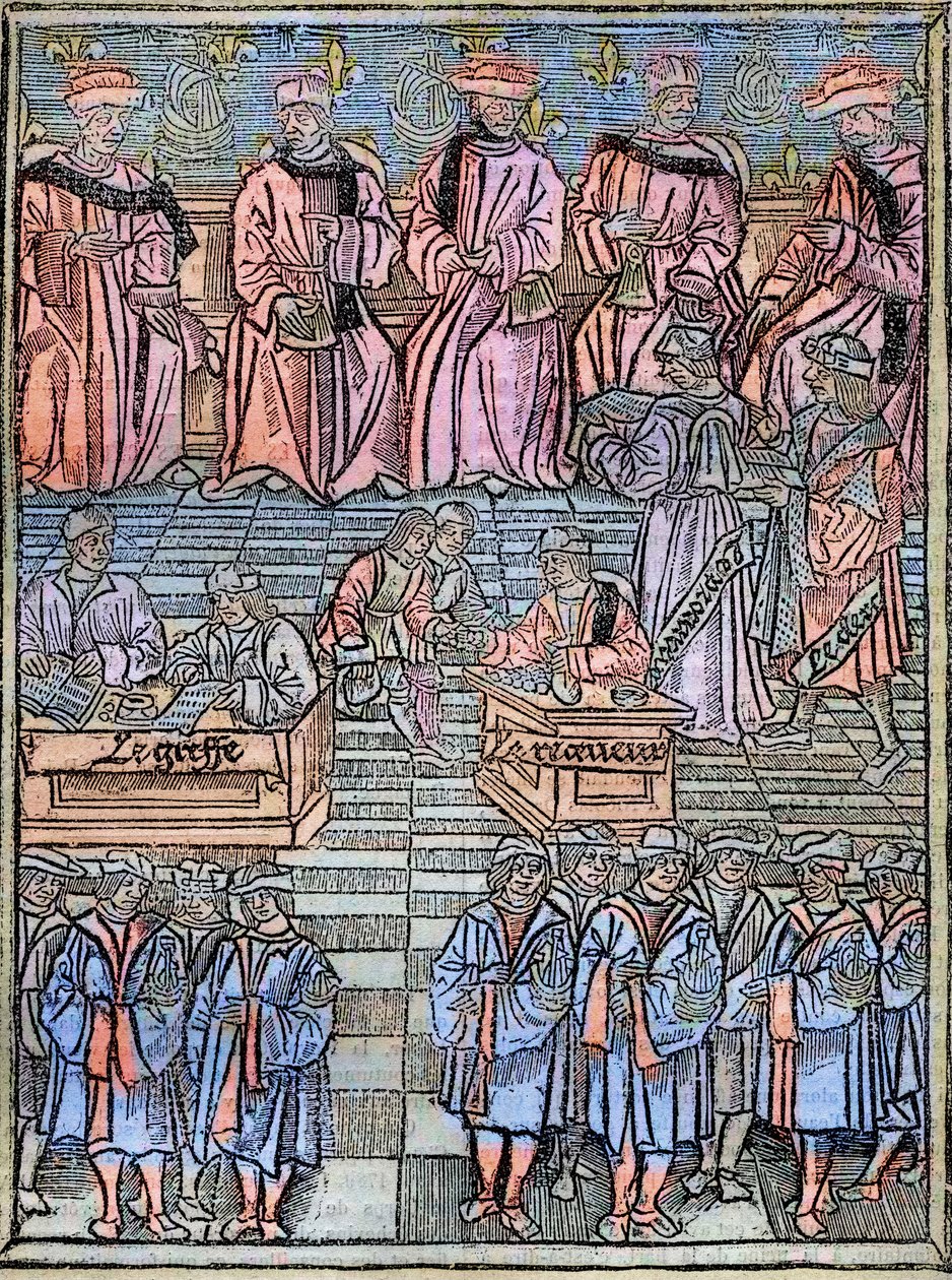 Le prevot des marchands et les echevins de Paris au 16eme century 1528年の原画に倣ったエングレーヴィング - 商人のプロヴォストとパリの市会議員、徴税の場面、「商人のプロヴォストの管轄権に関する王立条例」のタイトルページ。 作： 無名の画家