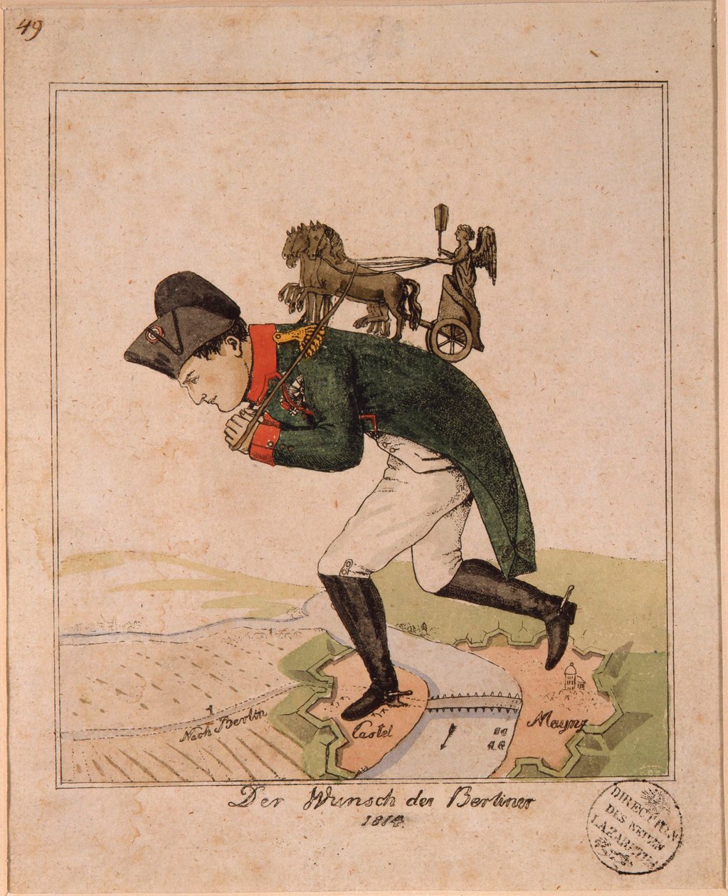 "The Wish of the Berliners" 皇帝ナポレオン1世（1769-1821）がブランデンブルク門のクアドリガを背負って要塞包囲中のマインツを通過する様子を描いた風刺画 Anonymous caricature 作： 無名の画家