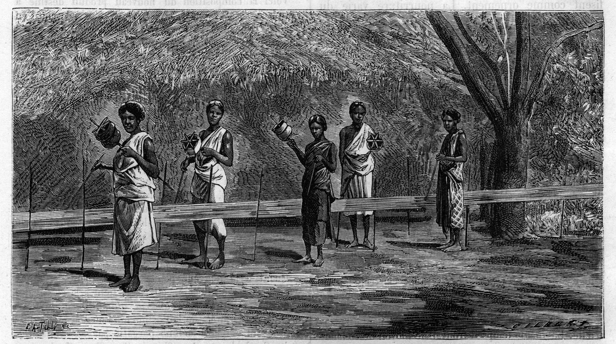 インドの織物：鎖の糸の準備（織布の操作） 1883年のエングレービング。科学とその芸術・産業への応用についてのレビュー。 作： 無名の画家