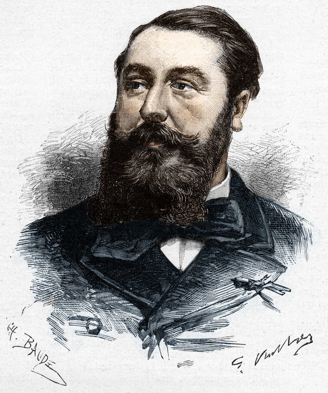 レオ・デリベス（1836-1891）、フランスの音楽家・作曲家。1883年4月28日付の「Le Monde Illustré」に掲載された、ガストン・ヴュイリエの後にシャルル・ボードが描いた木版画。 作： 無名の画家
