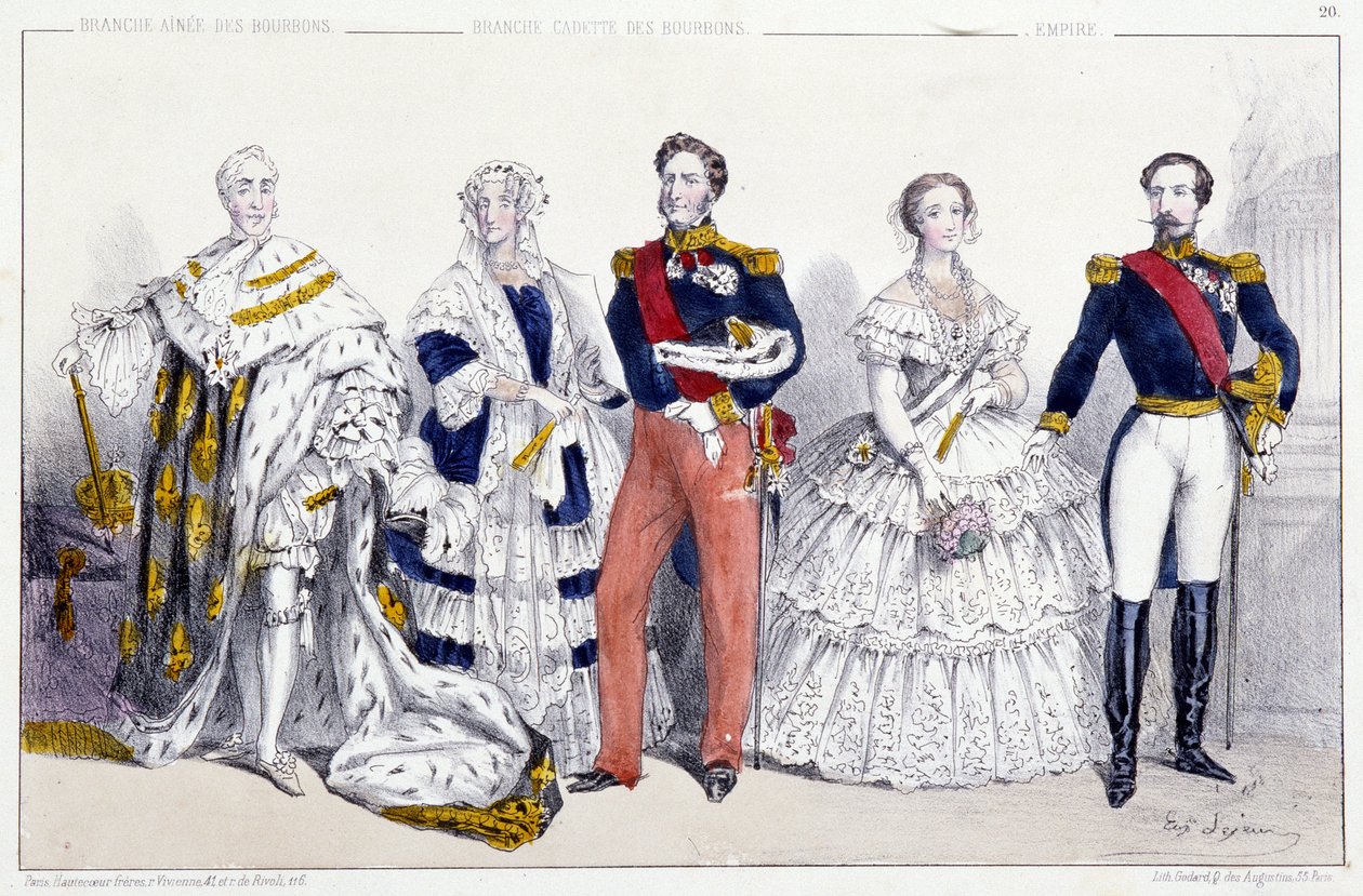 ブルボン家と帝国Charles X (1757-1836), Marie Amelie de Bourbon Sicily (1782-1866) and Louis Philippe I (1773-1850), Eugenie de Montijo (1826-1920) Napoleon III (1808-1873) - Plage extracted from Kings and Queens of France in prints, Paris, ed.Sw 作： 無名の画家