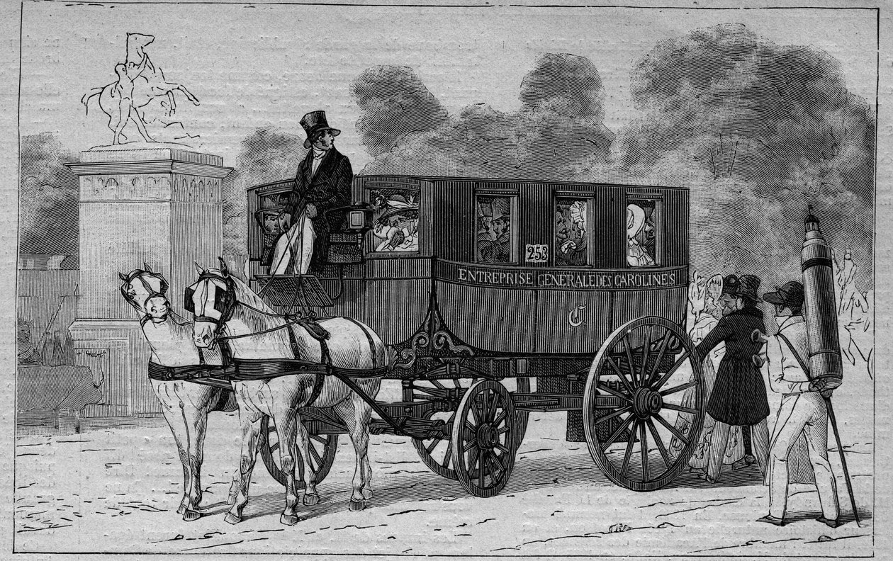 19世紀のLes Omnibus de Paris。キャロライン - 1892年の版画 作： 無名の画家