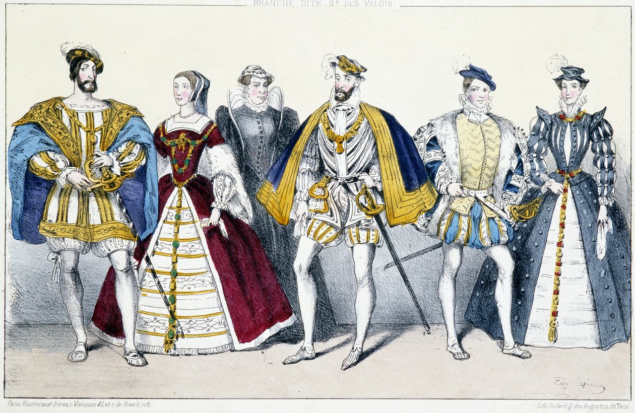 Die Valois: Franz I. (1494-1547) und Claude von Frankreich (1499-1524), Katharina von Medici (1519-1589) und Heinrich II. (1519-1559), Franz II. (1544-1560) und Maria Stuart (1542-1587) - Tafel aus „Könige und Königinnen von Frankreich in Stichen“, Paris,  von Unknown artist