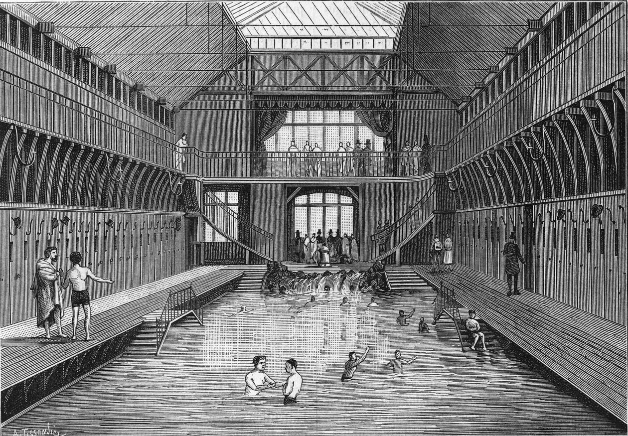 Les bains publics à bon marche de la Chateau-Landon (Chateau Landon) à Paris (1884年、パリのシャトー・ランドン通り). in "La Nature".科学とその芸術・産業への応用についてのレビュー" 作： 無名の画家