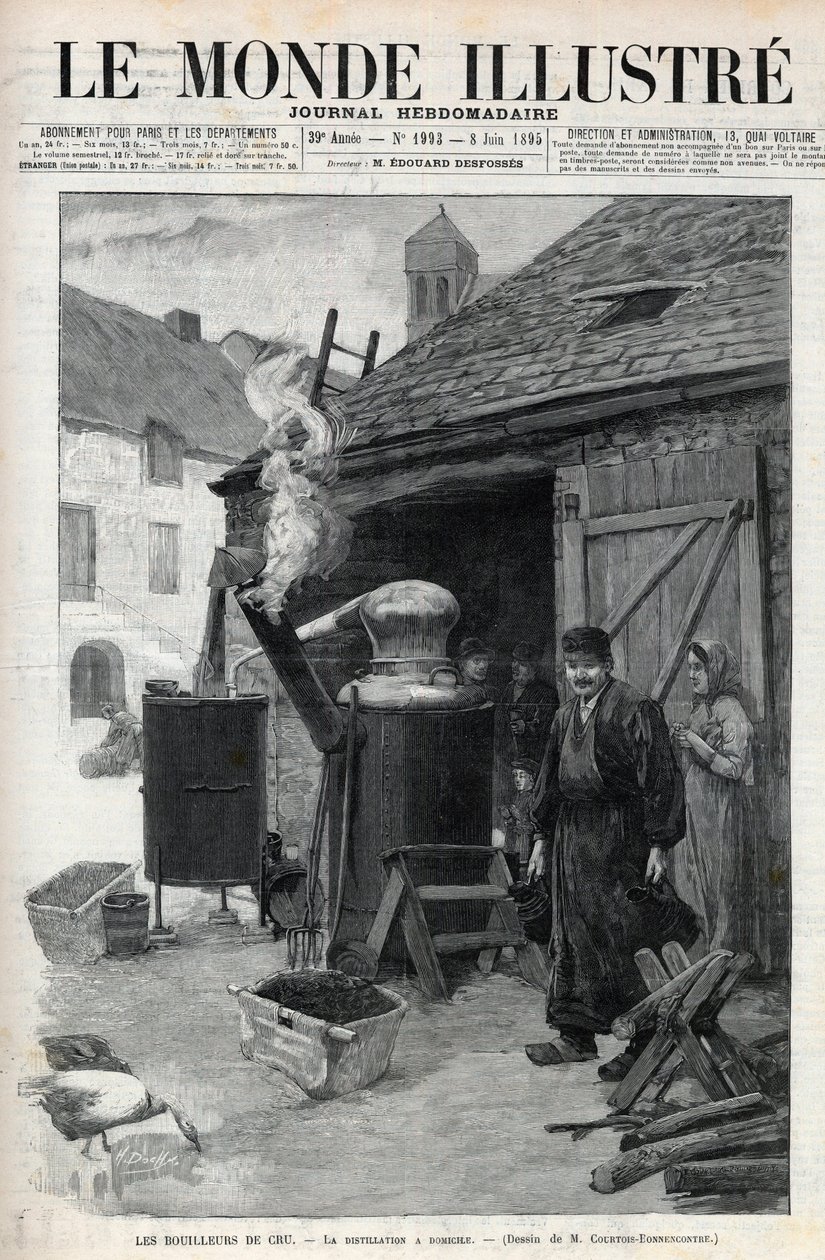 1895年にパリで行われたLes bouilleurs de cru - la distillation à domicile - 1895年の "Le Monde Illustré "1993号に掲載された彫刻。 作： 無名の画家