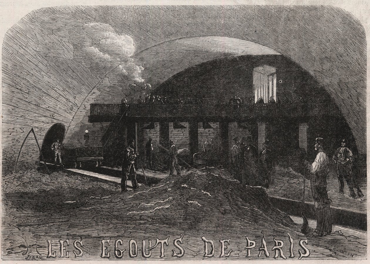 パリの下水道：ノートルダム橋（Notre-Dame）の大部屋と鍛冶屋の作業場 - Engraving In "Le Monde Illustré". 作： 無名の画家