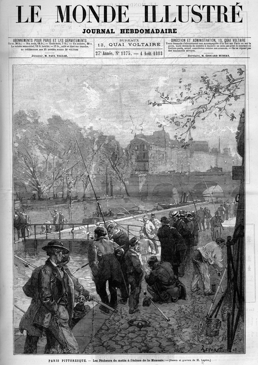 パリのモネの閘門（こうもん）での朝の漁師たち。Le Monde Illustre "に掲載された版画。 作： 無名の画家