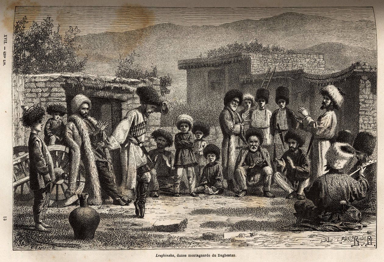 Lesghinska, ein Nationaltanz im gesamten Kaukasus, der aus sehr schwierigen und sehr exzentrischen Schritten besteht, die der Tänzer im Rhythmus mit animierter, aber gleichmäßiger Musik ausführt. Es ist dasselbe für Männer und Frauen, die separate Gruppen  von Unknown artist