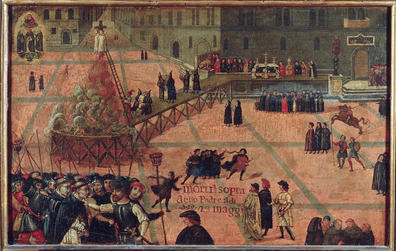L "execution de Jerome Savonarole, Florence 1498 - 1498年にフィレンツェのシニョリーア広場で行われたジローラモ・サヴォナローラの処刑 - 匿名。木に油彩 作： 無名の画家