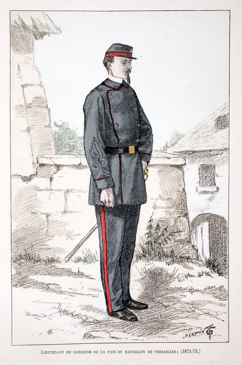 ベルサイユ大隊の平和の守護者の中尉（1871年～1873年）。セーヌ川警部のルイ・ルピーヌ（1846-1933）の後援で出版された本「平和の戦士たちの歴史」の挿絵のためのカラー・エッチング。 作： 無名の画家