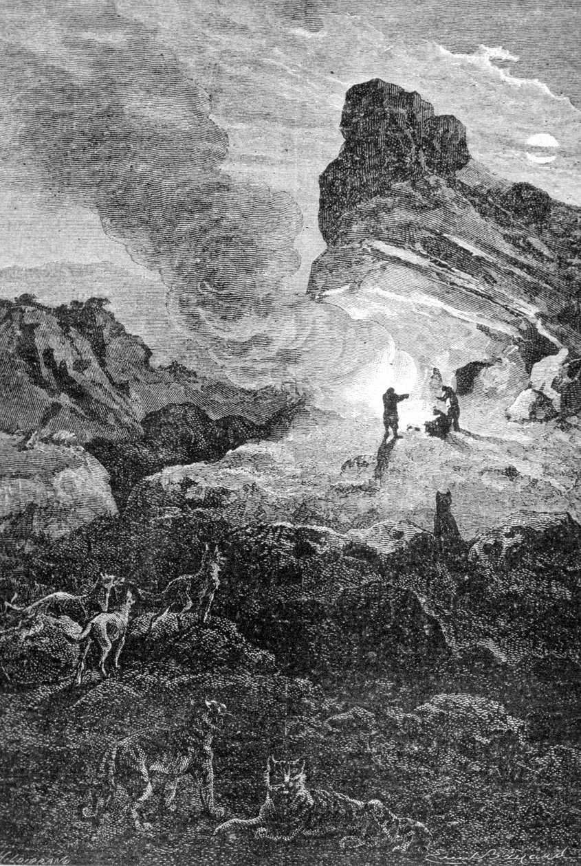 旧石器時代の生活。19世紀のエングレーヴィング。 作： 無名の画家