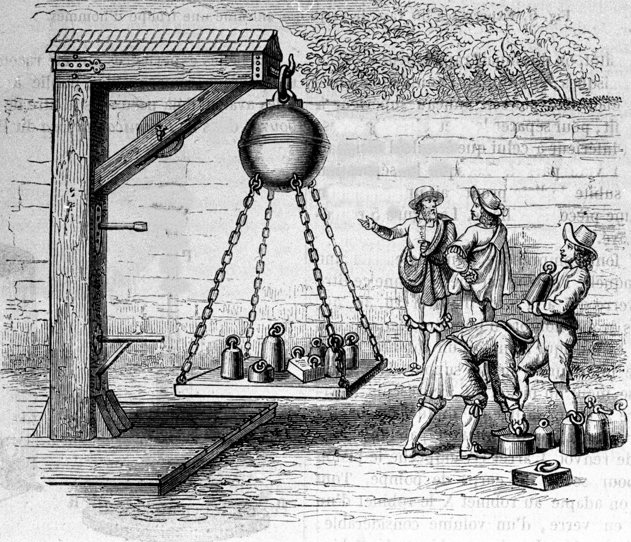 大気圧を計算するために吊るされたマクデブルク半球を積む - "Ottonis de Guericke "にて。オットー・フォン・ゲリッケ（Otto de Guericke）の「Experimenta Nova Magdeburgica de vacuo spatio」。 作： 無名の画家