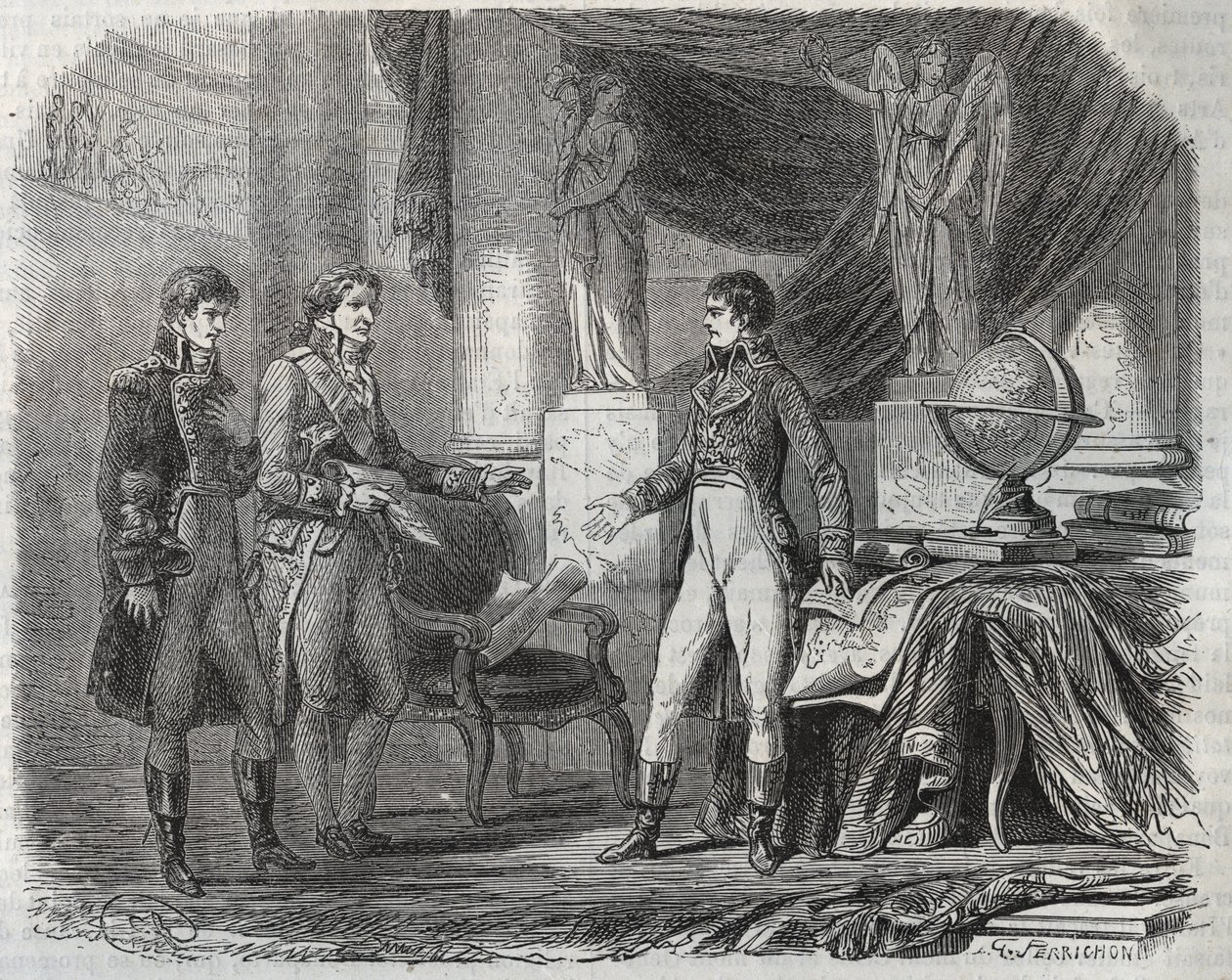 ナポレオン・ボナパルト（1769-1821）とアミアン条約（1802年）を交渉するコーンウォリス卿（1738-1805） - アミアンの平和（フランス） - 1802年3月に調印された条約により、革命戦争が終結した 作： 無名の画家