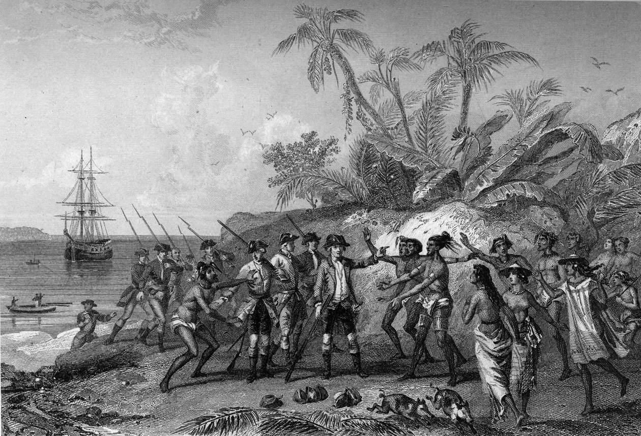ルイ・アントワーヌ・コント・ド・ブーゲンビル（フランスの航海士、1729～1811）、タヒチのマルキーズ諸島に接近、4月6日 作： 無名の画家