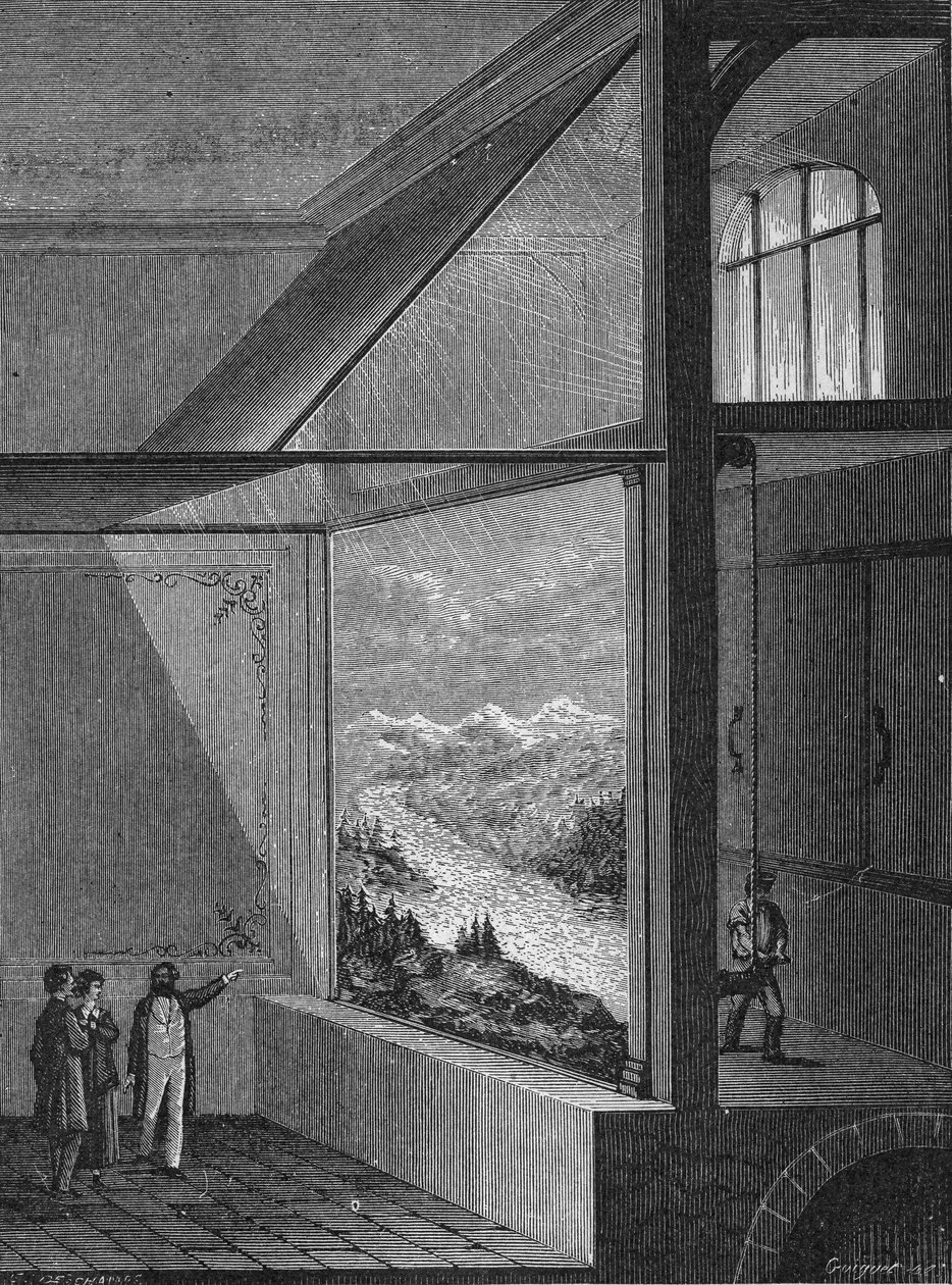 ルイ・ダゲールがジオラマの実演を行い、絵画の変化の様相を示す 作： 無名の画家