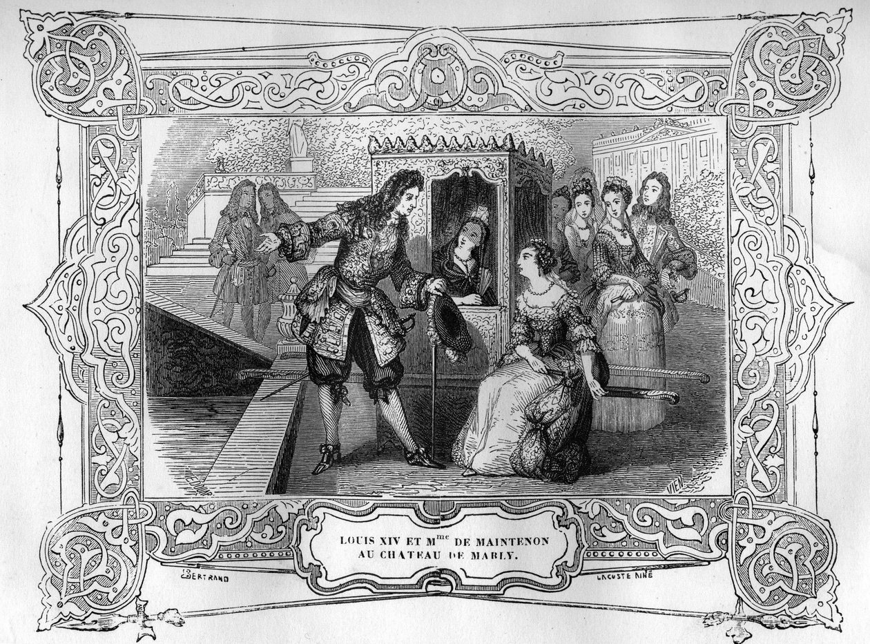 ルイ14世とマントノン侯爵夫人フランソワーズ・ドービーニュ（1634-1719）、マルリー城にて。19世紀の「フランスの古城の謎、または王と王妃の秘密の恋」の後のエングレーヴィング。ビアンケッティ・コレクション 作： 無名の画家