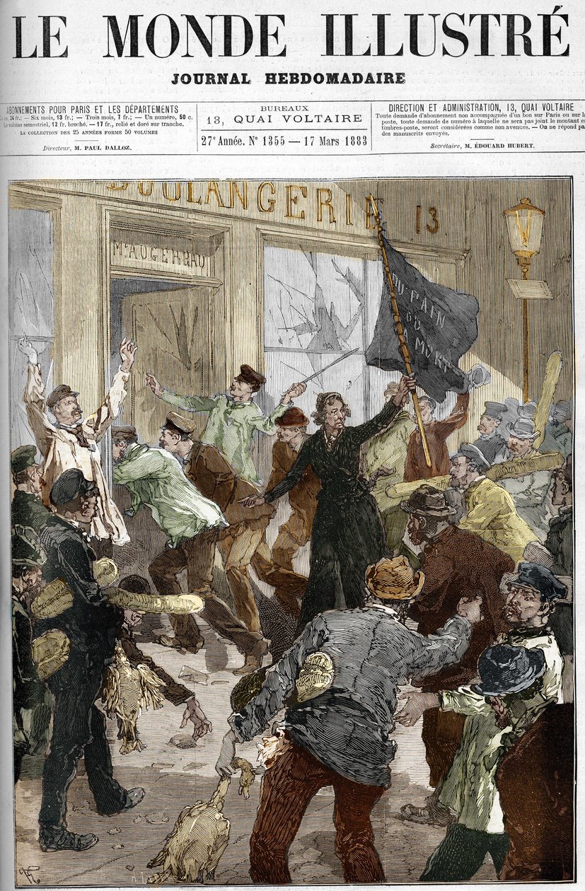 1883年3月9日、パリで行われた労働者のデモでパン屋を略奪した際、「パンか死か」と書かれた黒い旗を振るフランスの革命家、ルイーズ・ミシェル（1833-1905）。 作： 無名の画家