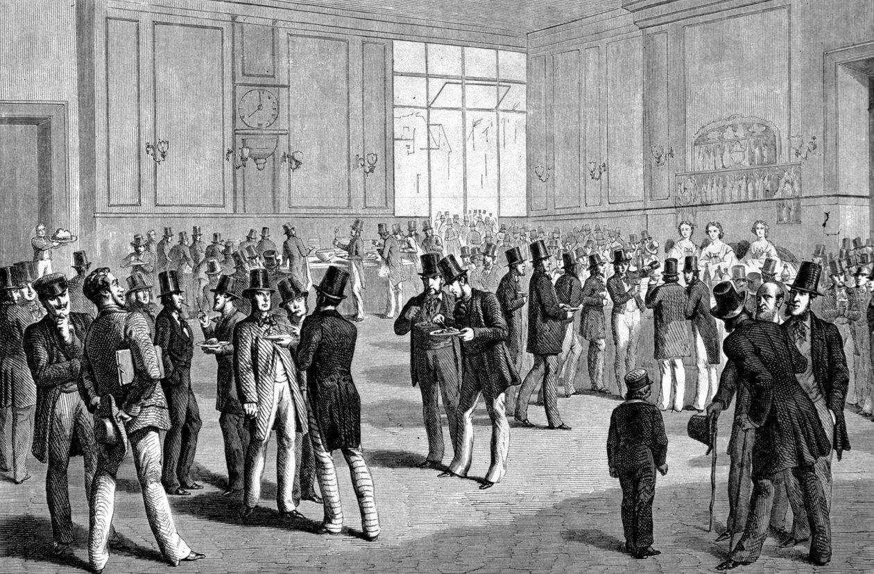 1860年、カリフォルニア州サンフランシスコのバーでの昼食。 作： 無名の画家
