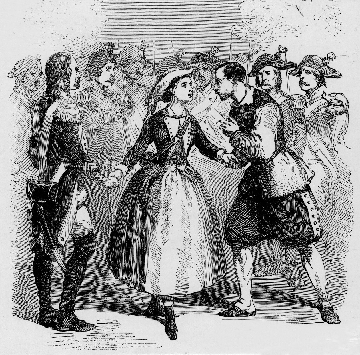 1856年、ロンドンのマジェスティーズ・シアターで上演されたガエターノ・ドニゼッティのオペラ「La figlia del Regimento」のマドモアゼル・ピッコロミーニ。 作： 無名の画家