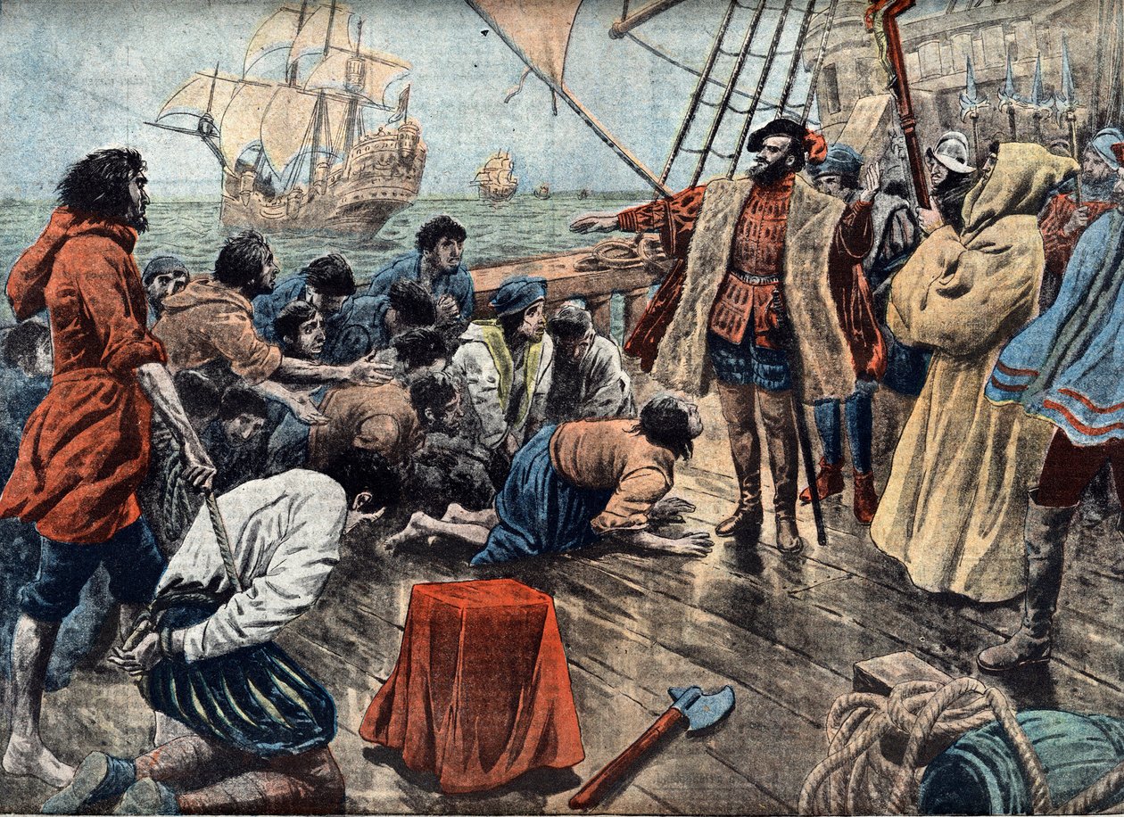 1520年、サン・ジュリアンで乗組員の反乱を鎮めるマゼラン（1480-1521）（エングレーヴィング） 作： 無名の画家