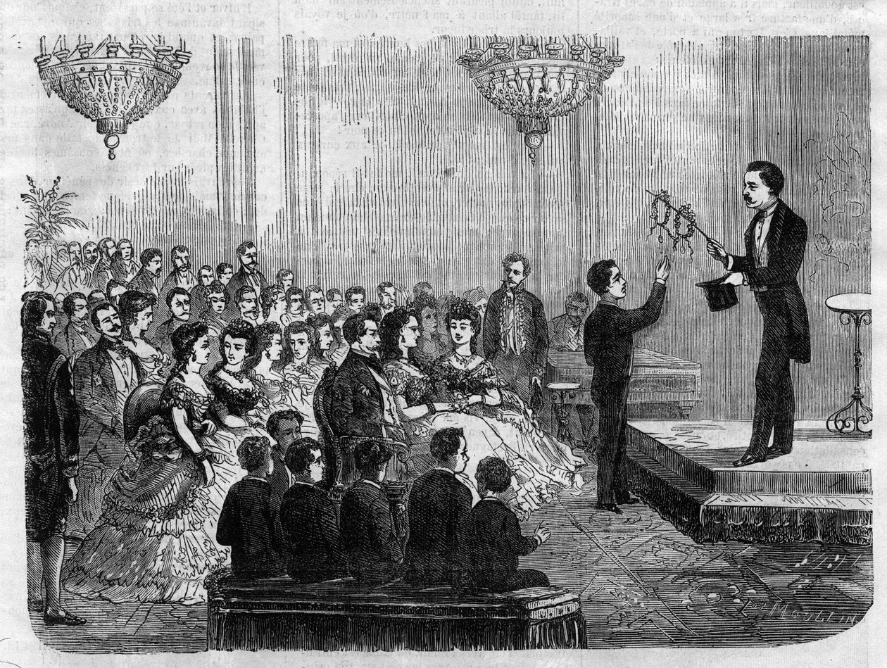 1870年、皇帝ナポレオン3世（1808-1873）とその息子皇太子（1856-1879）の前でムッシュー・フォール・ニコライが行ったマジックショー。 作： 無名の画家