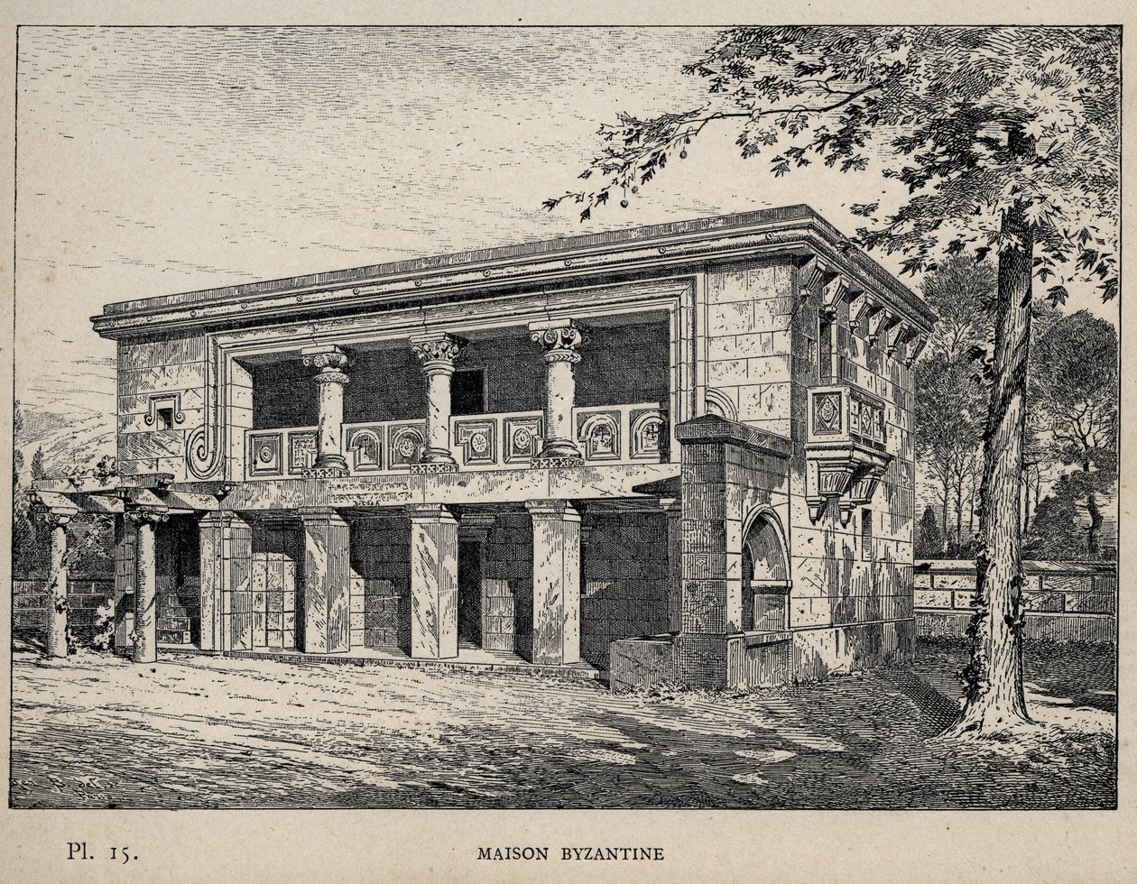 ビザンチン様式の家（1889年の「万国博覧会における人間の居住の歴史（シャルル・ガルニエ氏）」に掲載されている1889年の彫刻）。 作： 無名の画家