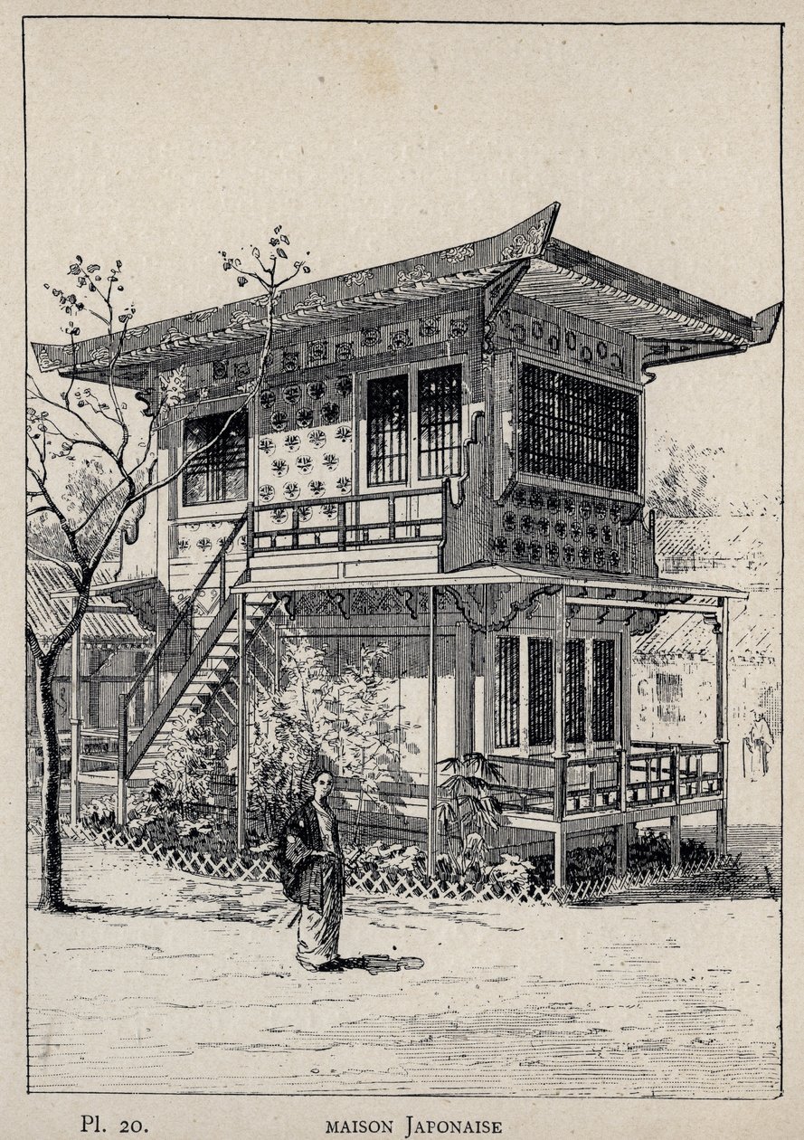 日本家屋-1889年の「1889年万国博覧会における人間の居住に関する歴史」（シャルル・ガルニエ著）に掲載されている1889年の彫刻。 作： 無名の画家