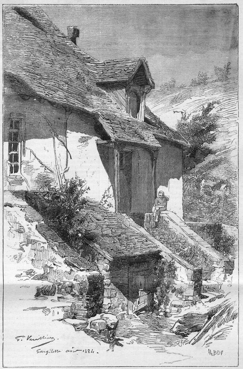 フランスの作家、ジョージ・サンド（Aurore Dupin, Baroness Dudevant）（1804-1876）の家は、フランスのクルース川沿いのガルジレス（インドール）にある。Le Monde Illustre "に掲載された版画。 作： 無名の画家