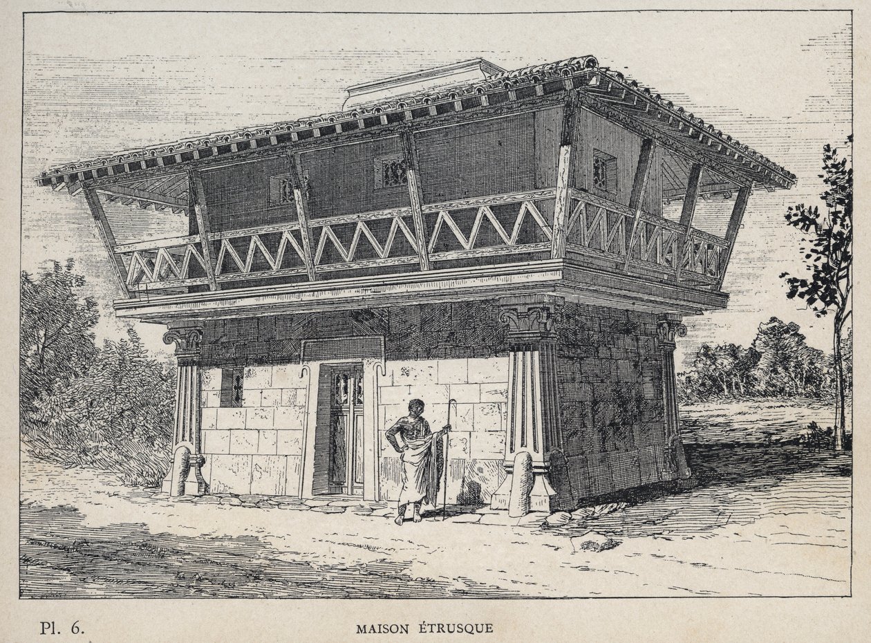 エトルリアの家 - 1889年の「1889年万国博覧会における人間の居住の歴史（シャルル・ガルニエ氏著）」に掲載されている1889年のエングレーヴィング。 作： 無名の画家