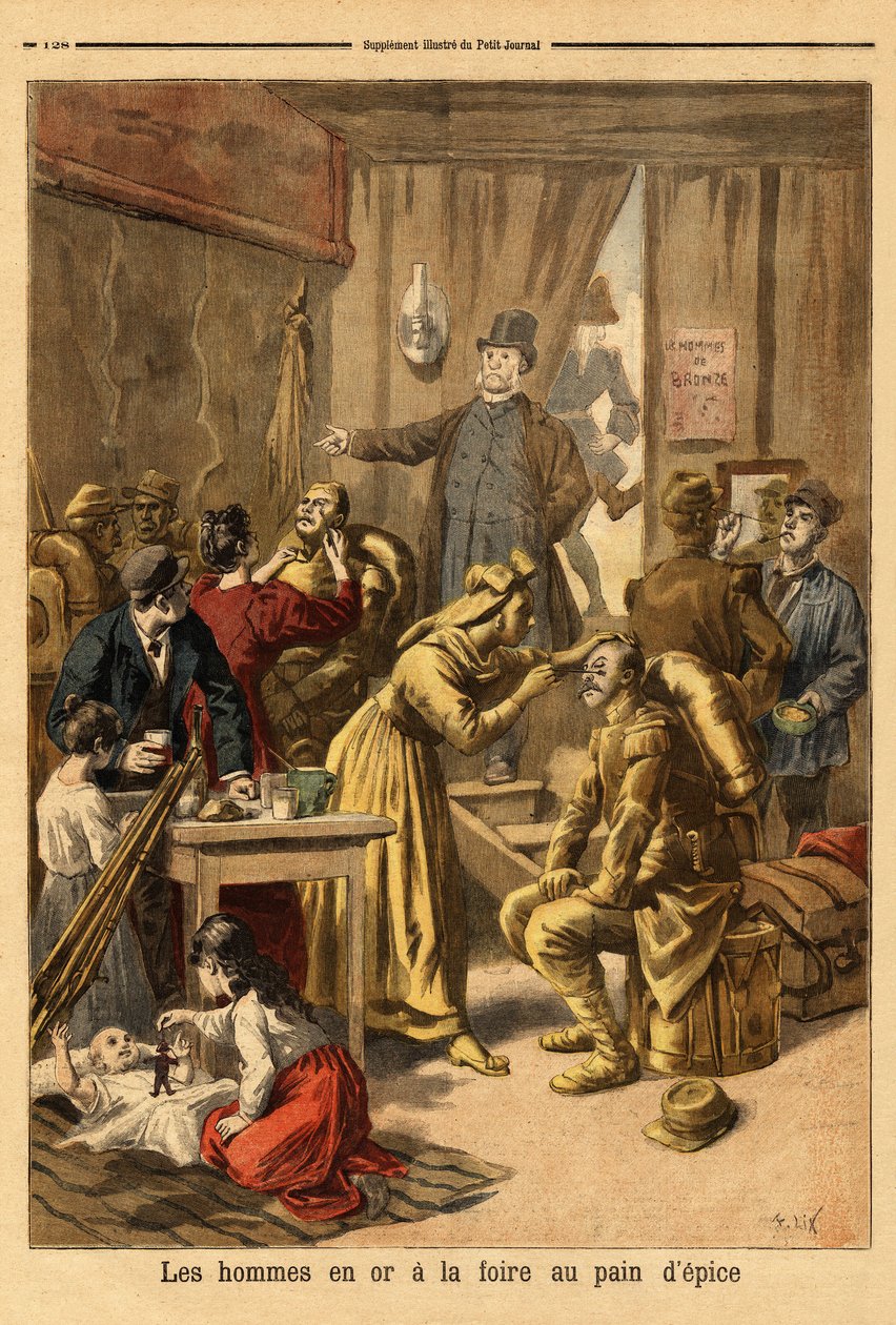 ジンジャーブレッド・フェアのための生活画「金の男たち」の役者の化粧。Le petit journal」16-04-1894に掲載されたエングレーヴィング。セルバのコレクション。 作： 無名の画家