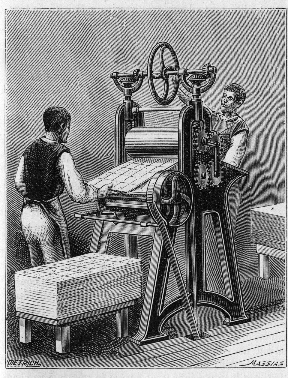 昔ながらの方法で遊ぶためのカード作り。トランプの円筒。1893年に描かれたもの。 作： 無名の画家