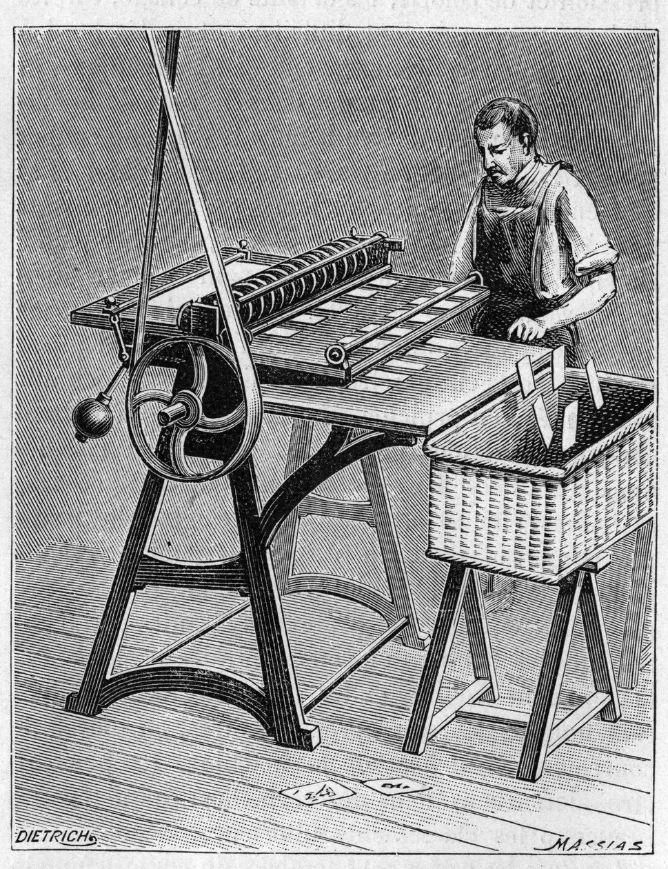 昔ながらの方法で遊ぶためのカード作り。トランプのデコパージュ。1893年に描かれたもの。 作： 無名の画家