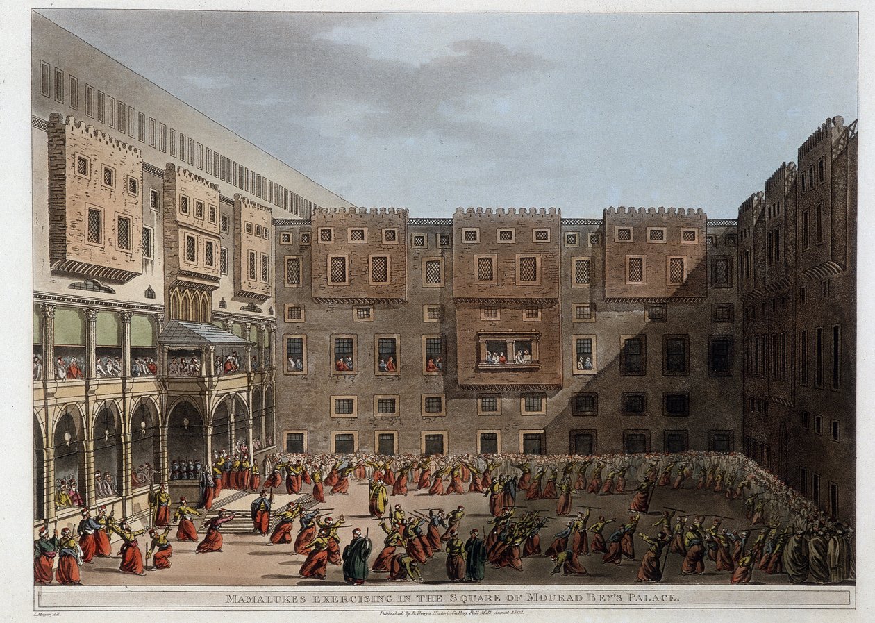 ムラード・ベイ宮殿の中庭で練習するマムルークたち - "Views in Egypt, Palestine and other parts of the Ottoman Empire" より 作： 無名の画家