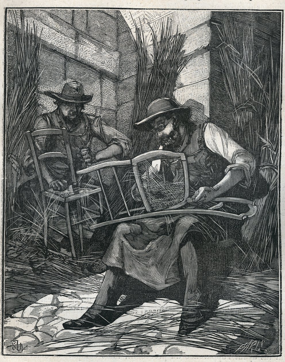 椅子の製造：椅子のマルチングとキャニング。Adolphe BITARDの "Les arts et metiers illustres "に掲載された1885年のエングレーヴィング。 作： 無名の画家