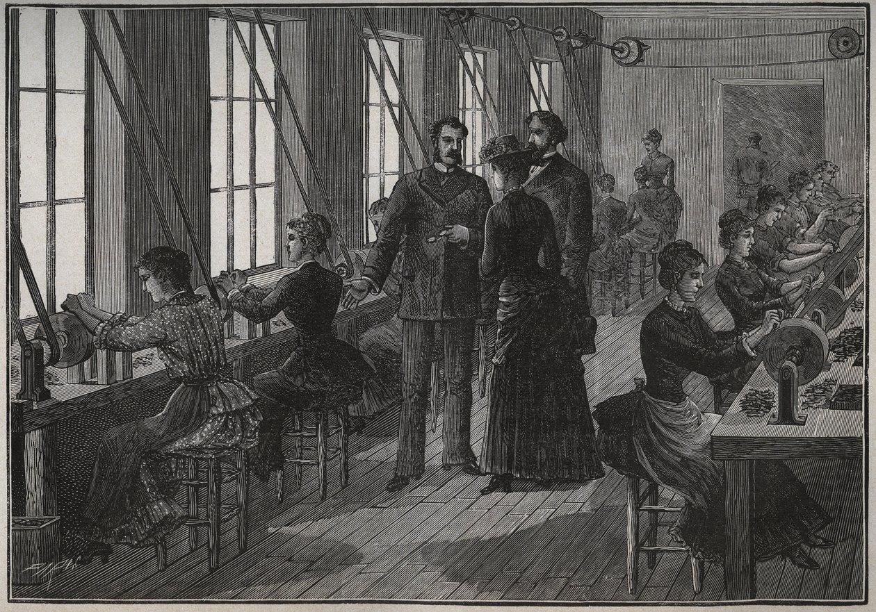 金属製の羽の製造：19世紀のフランスの研ぎ師の工房。Adolphe BITARDの "Les arts et metiers illustres "に掲載された1885年のエングレーヴィング。 作： 無名の画家