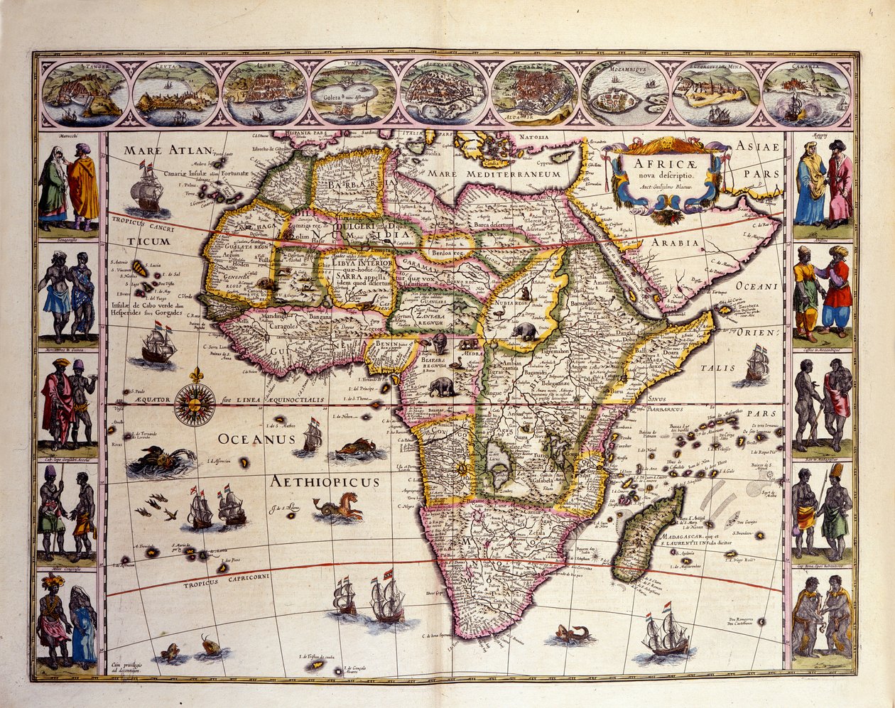 William Blaeuのアトラスからのアフリカの地図。上部にはタンジェ、セウタ、アルジェ、チュニス、アレキサンドリア、アルケアー、モザンビーク、サン・ジョルジュ・ド・ラ・ミナ、カナリア諸島の都市が描かれています。また、アフリカ沖には様々な島々が表現されており、マスケリーニュ諸島、マダ 作： 無名の画家