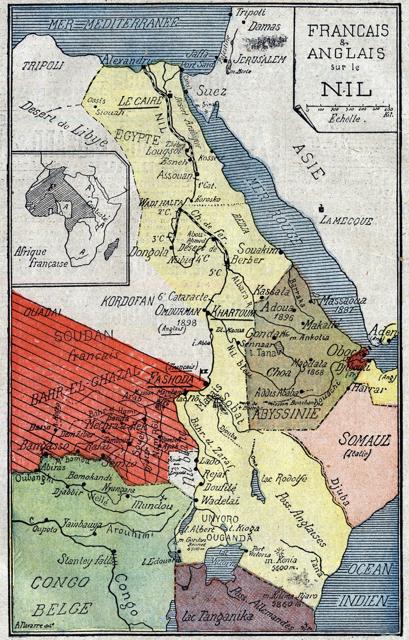 ナイル川に沿ってフランスとイギリスが植民地化したアフリカ地域の地図