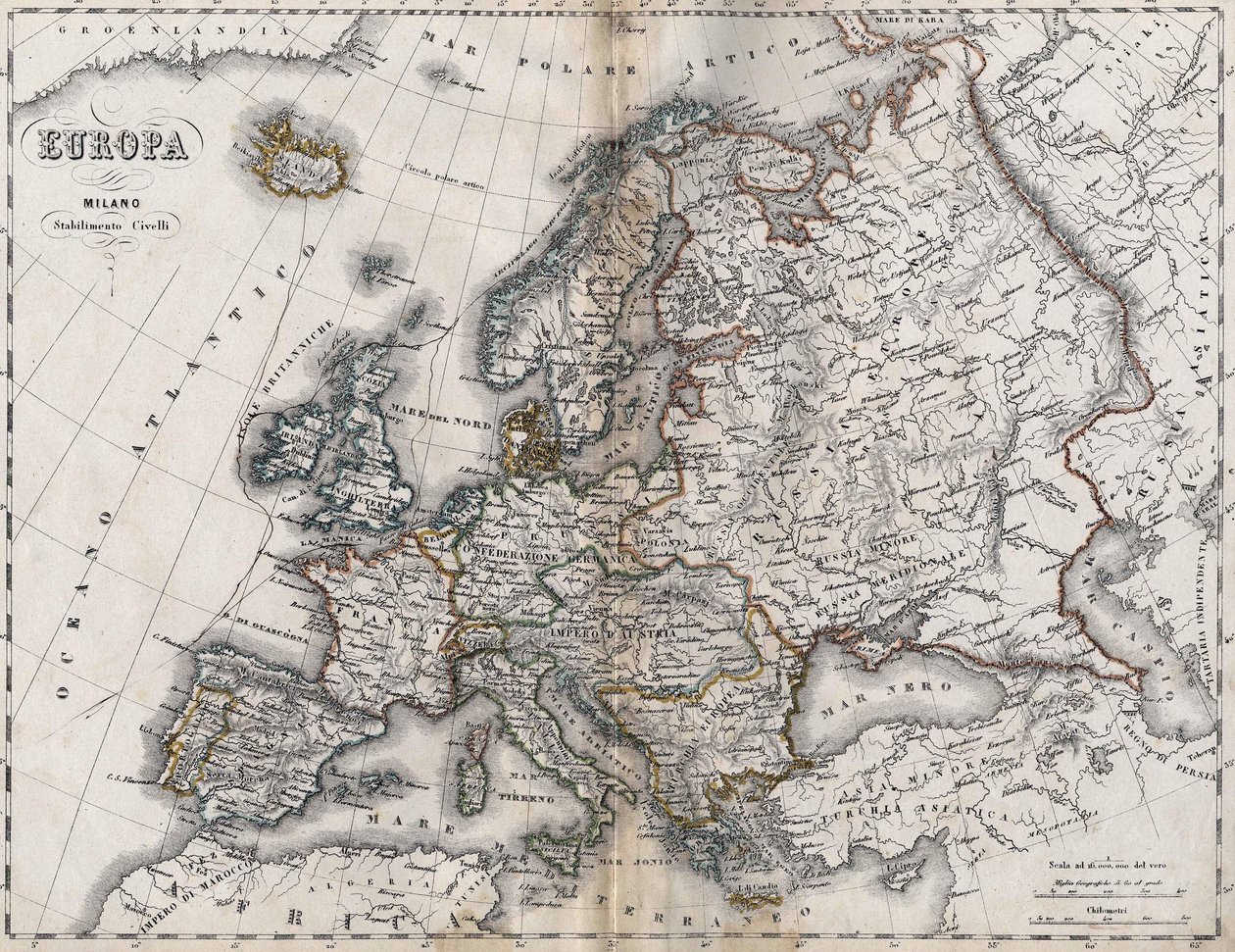 ヨーロッパの地図。19世紀後半のもの。イタリアのアトラス。スタビ
